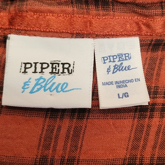 🍂3/$10 Piper&Blue Orange+Black Plaid Button-down Top w/ Tab Sleeves & Tie-Waist - Picture 9 of 13